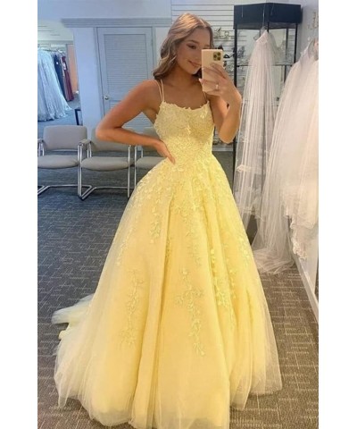 Women's Spaghetti Straps Tulle Ball Gown Long Lace Appliques Prom Dresses Hot Pink $48.22 Dresses