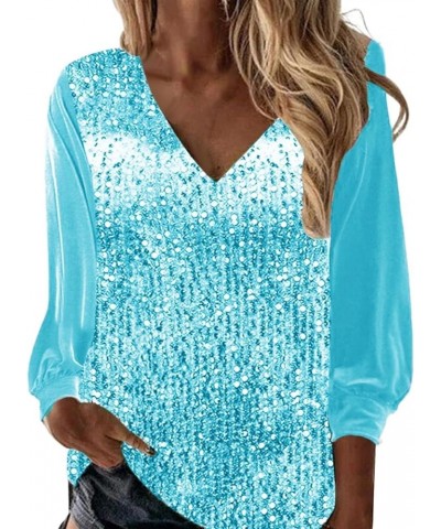 Long Sleeve Shirts for Women Casual Glitter Sequin Splicing Cute Tops Sparkly Blouse Solid Color V Neck Y2K Clothes As05-cyan...