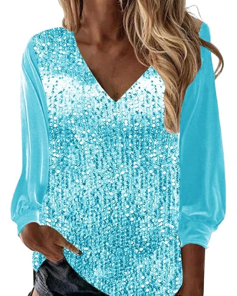 Long Sleeve Shirts for Women Casual Glitter Sequin Splicing Cute Tops Sparkly Blouse Solid Color V Neck Y2K Clothes As05-cyan...