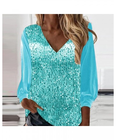 Long Sleeve Shirts for Women Casual Glitter Sequin Splicing Cute Tops Sparkly Blouse Solid Color V Neck Y2K Clothes As05-cyan...