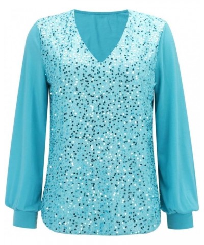 Long Sleeve Shirts for Women Casual Glitter Sequin Splicing Cute Tops Sparkly Blouse Solid Color V Neck Y2K Clothes As05-cyan...