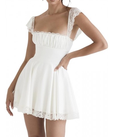 Women Y2k Square Neck Mini Dress Sweet Cute Ruffle Lace Backless Short Dress Summer Graduation Concert Fairy Dress B White $9...