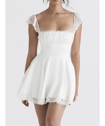 Women Y2k Square Neck Mini Dress Sweet Cute Ruffle Lace Backless Short Dress Summer Graduation Concert Fairy Dress B White $9...