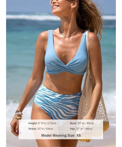 Bikini Set for Women Two Piece Swimsuits High Waisted Twist Crissross Back Self Tie Wide Straps Ruched Bottom Blue Zebra $14....