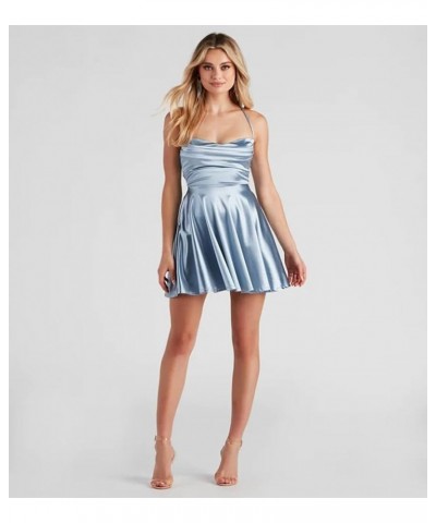 Cowl Neck A Line Short Homecoming Dresses for Teens Pleated Satin Prom Party Gowns with Pockets Navy Blue $31.89 Dresses