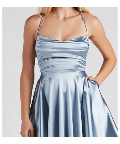 Cowl Neck A Line Short Homecoming Dresses for Teens Pleated Satin Prom Party Gowns with Pockets Navy Blue $31.89 Dresses