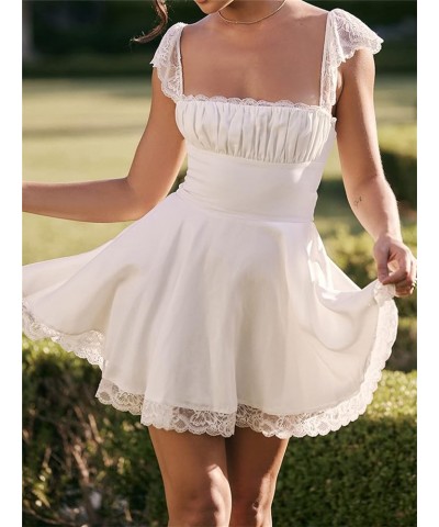 Women Y2k Square Neck Mini Dress Sweet Cute Ruffle Lace Backless Short Dress Summer Graduation Concert Fairy Dress B White $9...