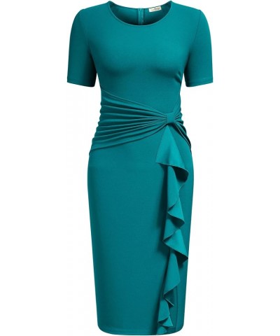 Women's 50s Vintage Ruffle Peplum Cocktail Pencil Knee Dress Acid Blue $20.24 Dresses