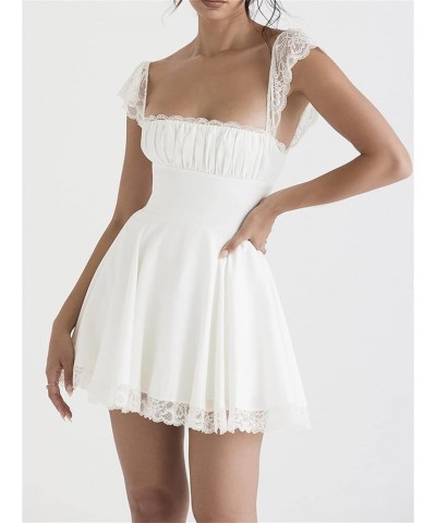 Women Y2k Square Neck Mini Dress Sweet Cute Ruffle Lace Backless Short Dress Summer Graduation Concert Fairy Dress B White $9...