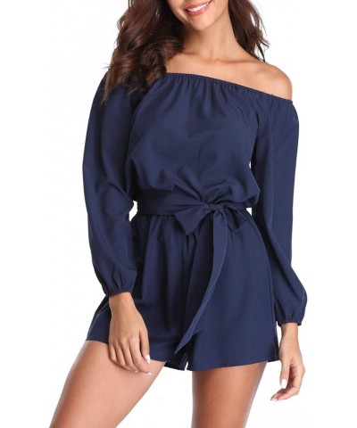 Rompers and Jumpsuits for Women Long Sleeves Off The Shoulder Jumpsuit Summer Casual Playsuit w Belt Navy Blue 3 $13.33 Rompers