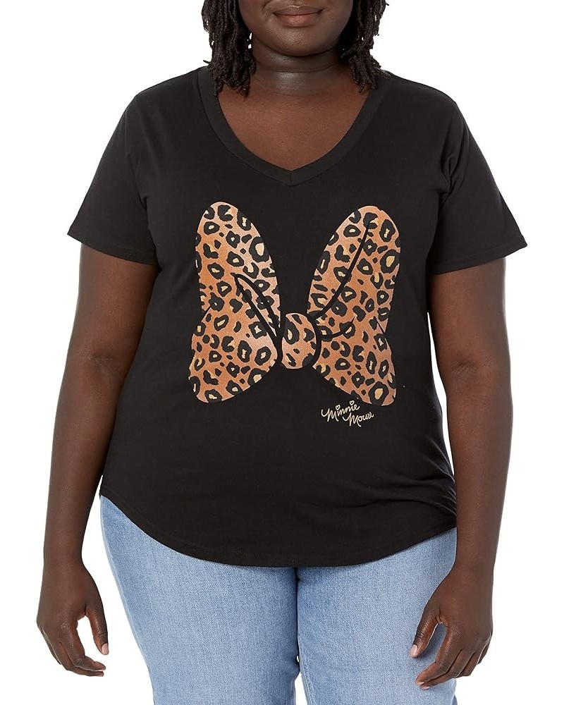 Women's Classic Mickey Animal Print Bow Junior's Plus Short Sleeve Tee Shirt Black $12.91 T-Shirts