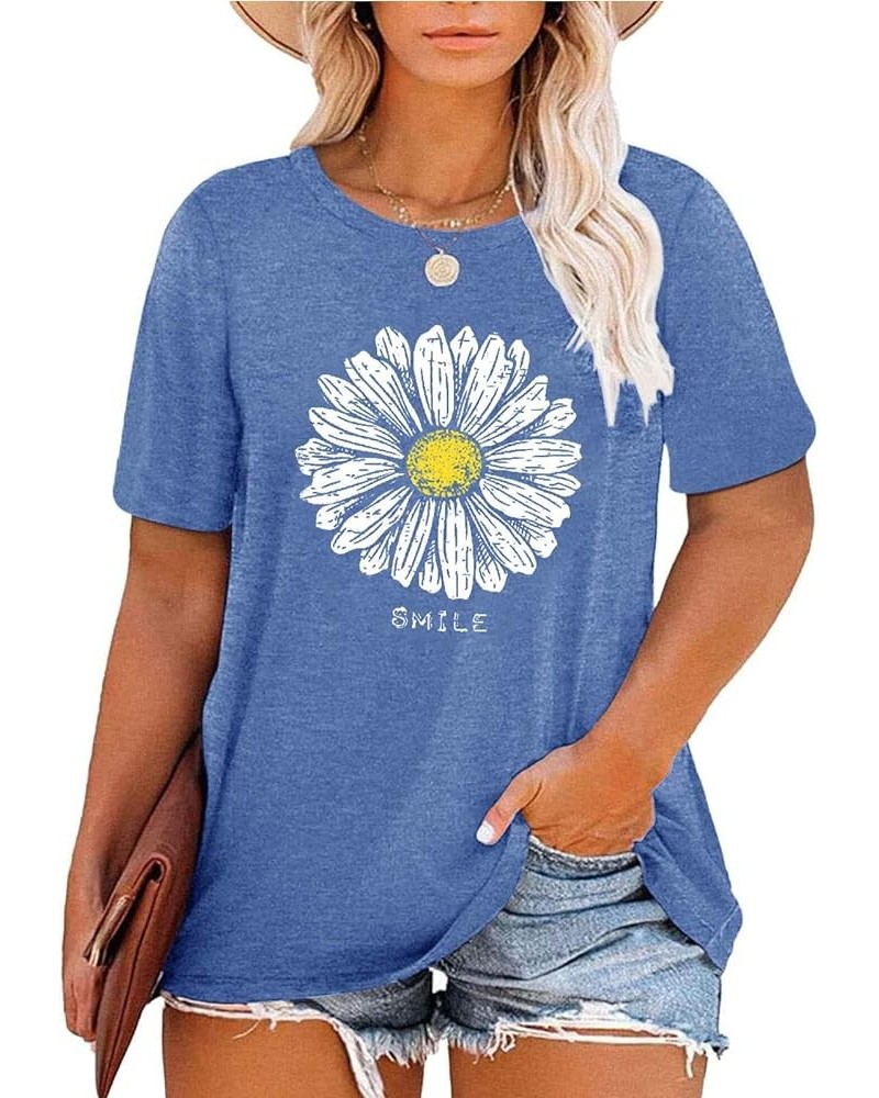 Womens Plus Size Tops Casual Daisy Graphic T Shirts Short/Bell Sleeve Loose Summer Blouse G-blue1 $11.54 Blouses