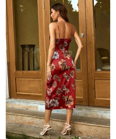 Women's Floral Print Ruched Split Hem Satin Cami Dress Midi Dresses Burgundy Floral $26.00 Dresses