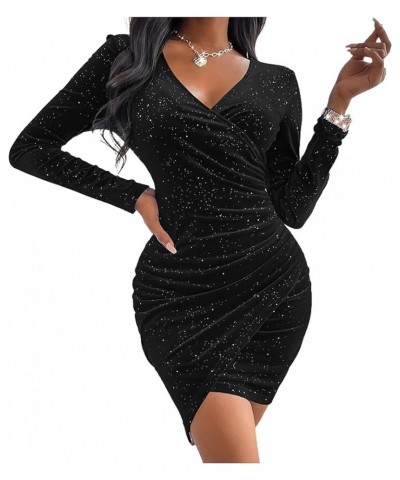 Women’s Sequin Velvet Wrap V Neck Mini Bodycon Dress Elegant Long Sleeve Party Club Cocktail Dresses Black $20.50 Others