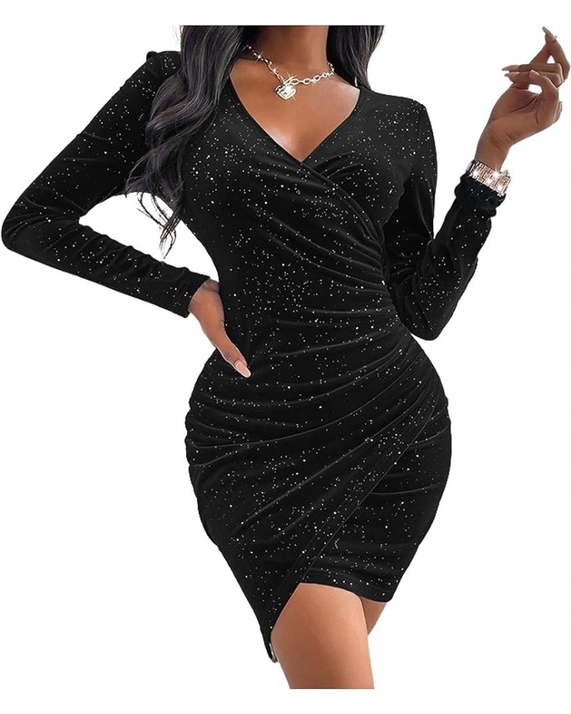 Women’s Sequin Velvet Wrap V Neck Mini Bodycon Dress Elegant Long Sleeve Party Club Cocktail Dresses Black $20.50 Others