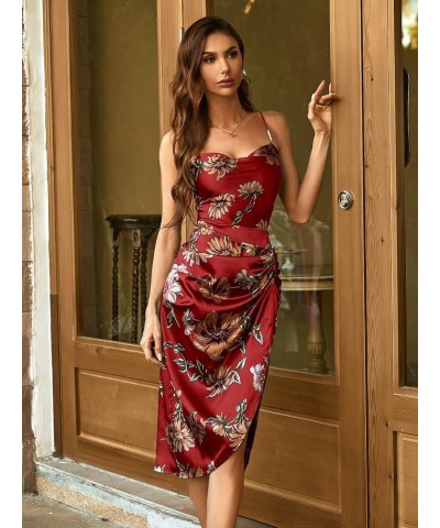 Women's Floral Print Ruched Split Hem Satin Cami Dress Midi Dresses Burgundy Floral $26.00 Dresses