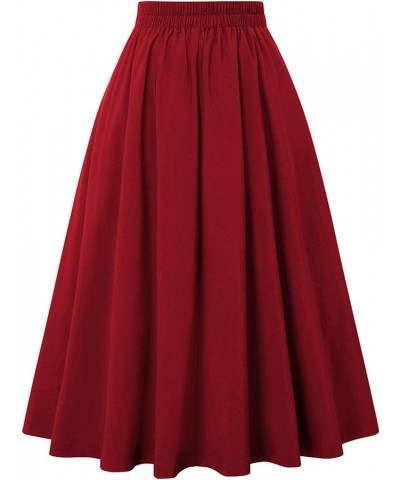 Women A-Line Pleated Skirts Bandage Elastic Waist Skirts Solid Color Flowy Knee Length Skirt Business Skirts T1-red $6.41 Skirts