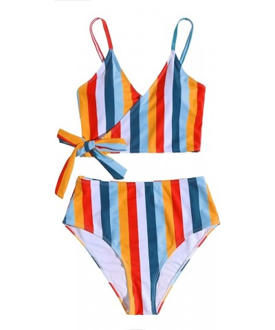 Women's Two Pieces Swimsuit Solid Color Tie Side Top High Waisted Bikini Set Stripe Multicolor $20.90 Swimsuits