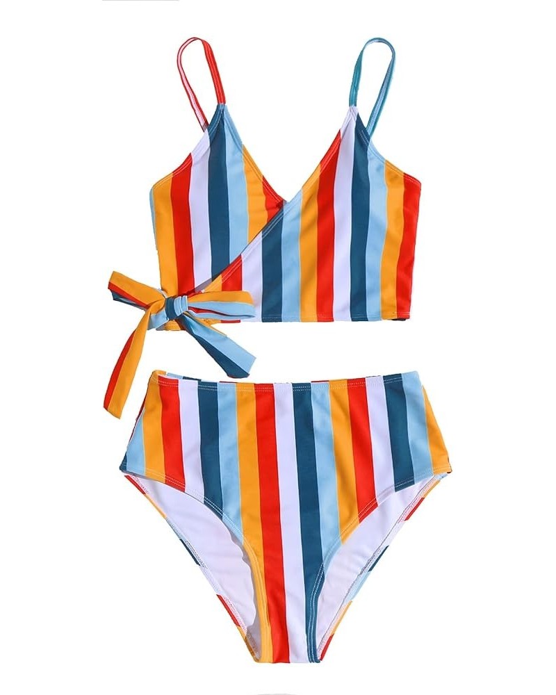 Women's Two Pieces Swimsuit Solid Color Tie Side Top High Waisted Bikini Set Stripe Multicolor $20.90 Swimsuits