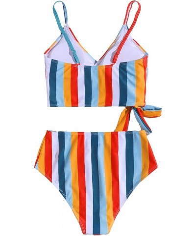 Women's Two Pieces Swimsuit Solid Color Tie Side Top High Waisted Bikini Set Stripe Multicolor $20.90 Swimsuits