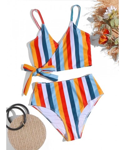 Women's Two Pieces Swimsuit Solid Color Tie Side Top High Waisted Bikini Set Stripe Multicolor $20.90 Swimsuits