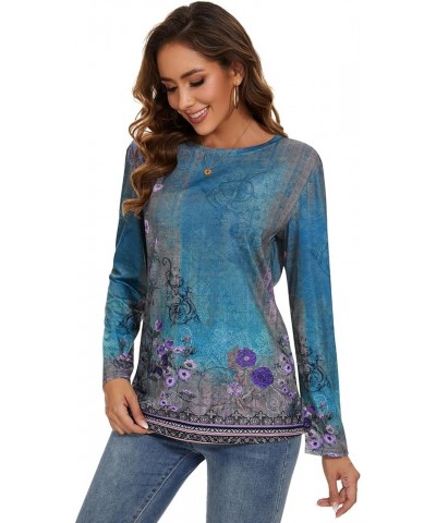 Womens Button Down Crewneck Casual Shirt 3/4 Sleeve Floral Printed Blouse Pullover Tunic Tops 2-blue Floral $14.40 Blouses