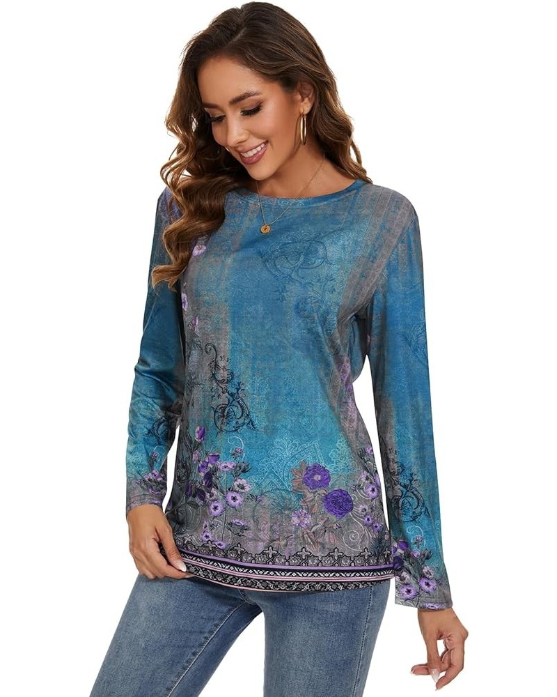 Womens Button Down Crewneck Casual Shirt 3/4 Sleeve Floral Printed Blouse Pullover Tunic Tops 2-blue Floral $14.40 Blouses