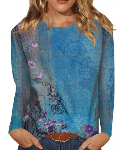 Womens Button Down Crewneck Casual Shirt 3/4 Sleeve Floral Printed Blouse Pullover Tunic Tops 2-blue Floral $14.40 Blouses