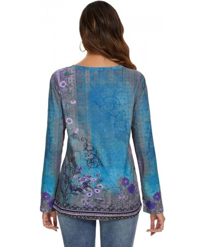 Womens Button Down Crewneck Casual Shirt 3/4 Sleeve Floral Printed Blouse Pullover Tunic Tops 2-blue Floral $14.40 Blouses