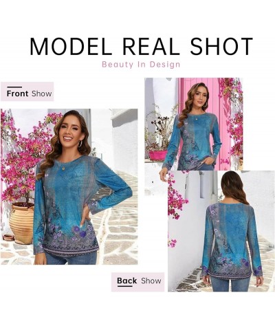 Womens Button Down Crewneck Casual Shirt 3/4 Sleeve Floral Printed Blouse Pullover Tunic Tops 2-blue Floral $14.40 Blouses