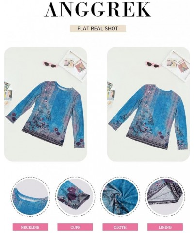 Womens Button Down Crewneck Casual Shirt 3/4 Sleeve Floral Printed Blouse Pullover Tunic Tops 2-blue Floral $14.40 Blouses