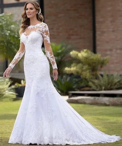 Wedding Dresses for Bride 2024 Floral Beaded Mermaid Bridal Evening Party Gowns E-ivory $51.75 Dresses