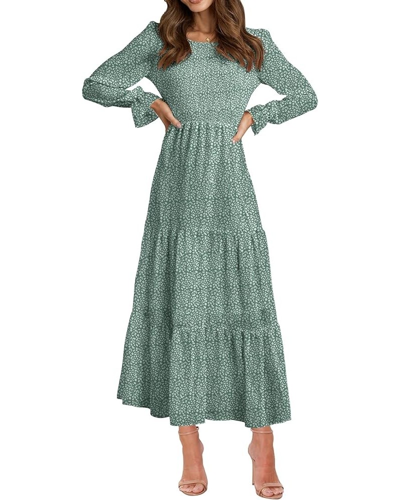 Women Casual Long Sleeve Crew Neck Fall Dress Bohemian Relaxed Fit Floral Flowy Maxi Dresses Tiered Cocktail Dress Floral Gre...