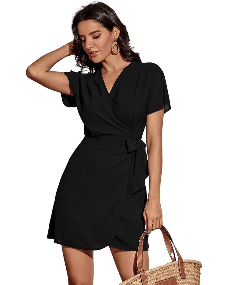 Women's V Neck Wrap Hem A Line Dress Short Sleeve Tie Waist Mini Dresses Black $14.00 Dresses