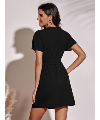 Women's V Neck Wrap Hem A Line Dress Short Sleeve Tie Waist Mini Dresses Black $14.00 Dresses