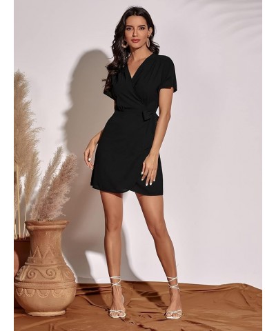 Women's V Neck Wrap Hem A Line Dress Short Sleeve Tie Waist Mini Dresses Black $14.00 Dresses