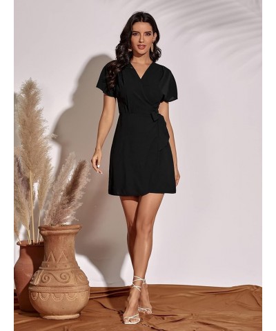 Women's V Neck Wrap Hem A Line Dress Short Sleeve Tie Waist Mini Dresses Black $14.00 Dresses