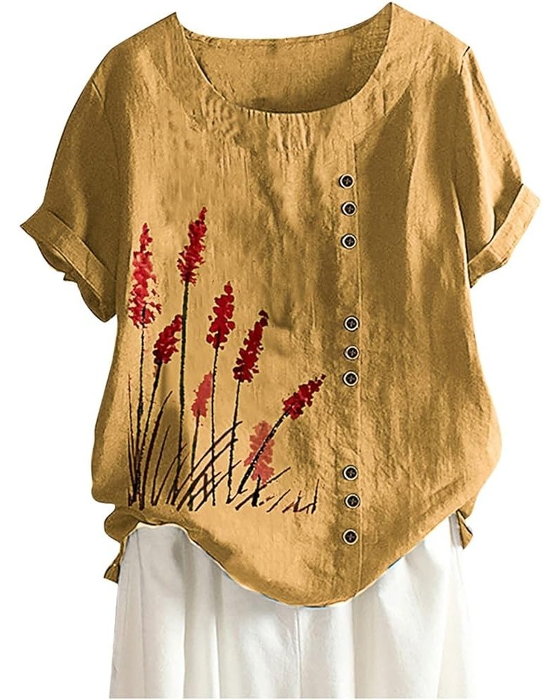 Women Floral Cotton Linen Shirt Boho Casual Loose T-Shirts Cute Tunic Tops 2023 Summer Spring Chic Ladies Blouses Yellow 5 $6...