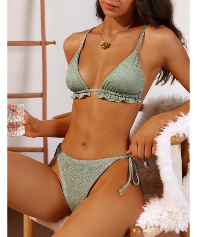 Women's Bikini Sets Two Piece Swimsuit Ruffles Metallic Shiny Halter String Tie Side Triangle Bathing Suit Light Green $23.19...