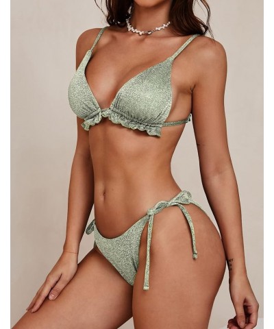 Women's Bikini Sets Two Piece Swimsuit Ruffles Metallic Shiny Halter String Tie Side Triangle Bathing Suit Light Green $23.19...