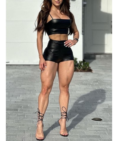 Faux Leather Halter Top and Ruched Shorts Set, Faux Leather Shorts for Women Black $13.74 Shorts