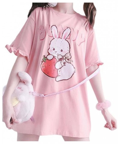 WomenJapanese Cute Lolita Pink T-Shirt Summer Kawaii Strawberry Rabbit Print Ruffle T-Shirt XX-Large Pink $9.19 T-Shirts