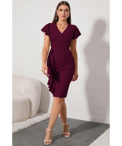 Women Short Ruffled Sleeve Wrap V Neck Cocktail Formal Wedding Guest Party Business Casual Dress Burgundy $12.25 Dresses