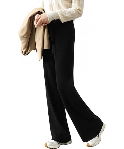 Women's Wide Leg Rib Knit Pants Tie Front Elastic Waist Sweater Pants Black $16.90 Pants