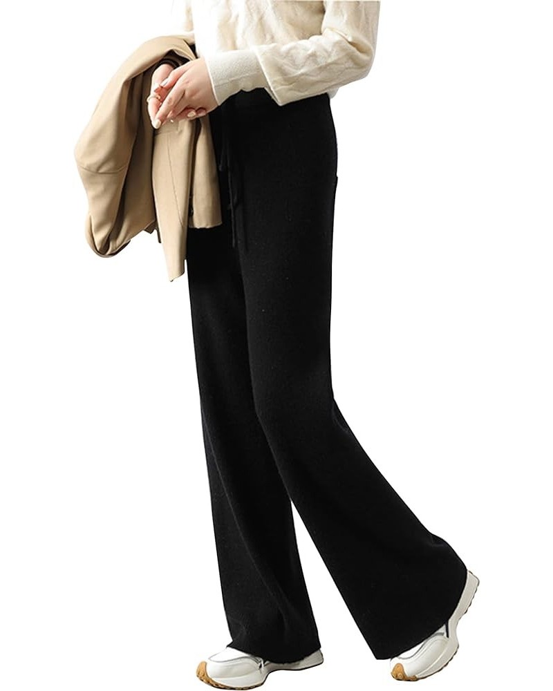 Women's Wide Leg Rib Knit Pants Tie Front Elastic Waist Sweater Pants Black $16.90 Pants