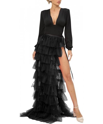 Women Tulle Tutu Long Princess Skirts See-Through Multi-Layer Ruffled Slit Mesh Cocktail Party Beach Skirts Black $14.90 Skirts