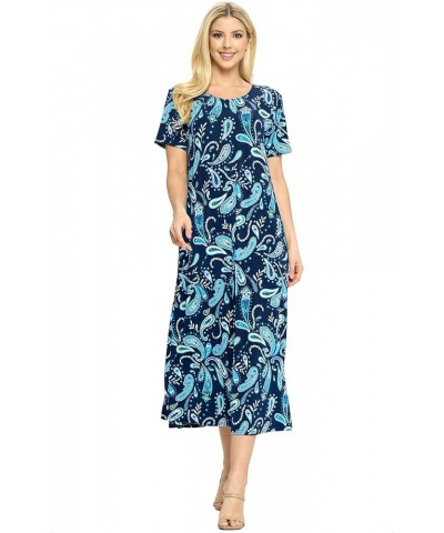 Women's Print Long Midi Dress – Short Sleeve Stretch Casual Swing Flowy Printed T Shirt One Piece W323 Navy $27.60 Dresses