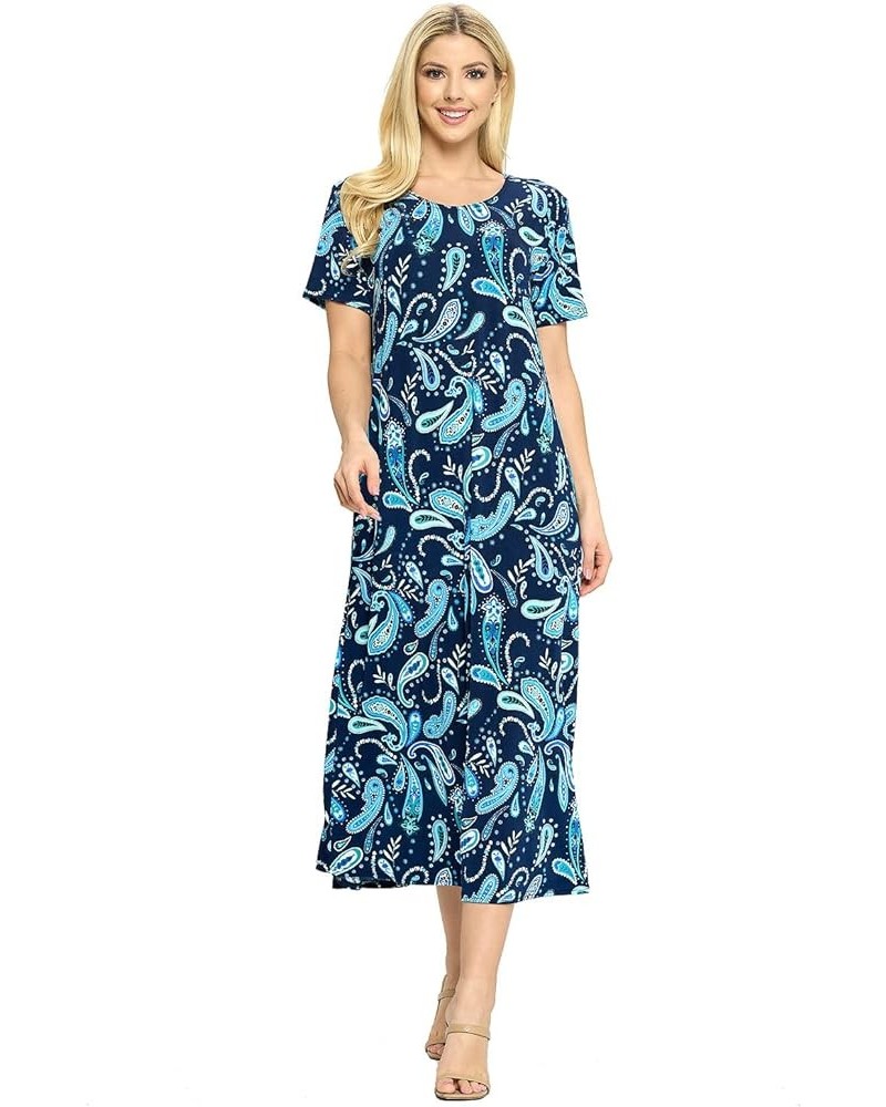 Women's Print Long Midi Dress – Short Sleeve Stretch Casual Swing Flowy Printed T Shirt One Piece W323 Navy $27.60 Dresses