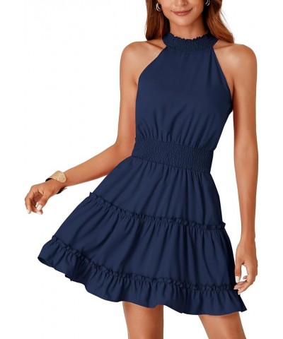 Women's Trim Halter Sleeveless Smocked High Waist Ruffle Layered Short Dress Navy Blue $18.86 Dresses