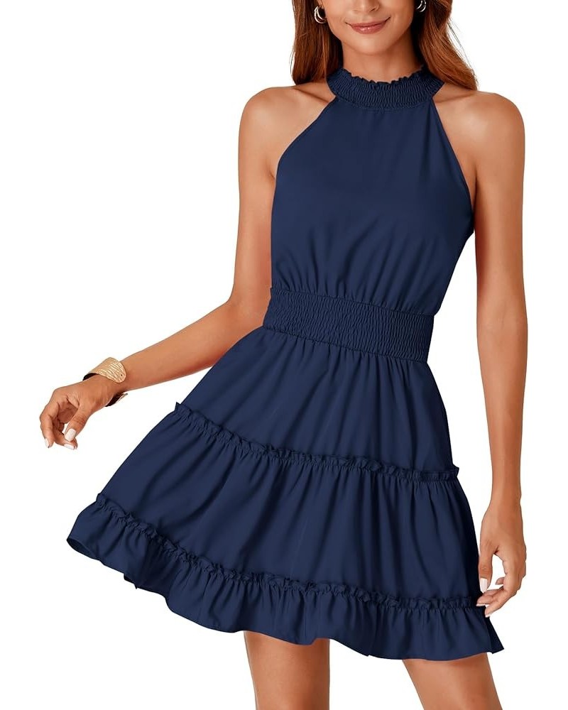 Women's Trim Halter Sleeveless Smocked High Waist Ruffle Layered Short Dress Navy Blue $18.86 Dresses